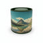 Cylindrical container with mountain landscape design on a white background