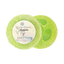 Green loofah soap with a label on a white background