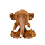 Plush elephant toy with brown fur and white tusks on a light beige background